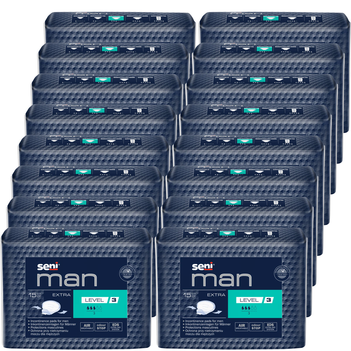 Packs von Inkontinenzprodukten für Männer sind gleichmäßig angeordnet. Jede Packung ist dunkelblau und trägt die Aufschrift -seni man-, -EXTRA- und -LEVEL 3-. Sichtbare Merkmale sind auch internationale Symbole und technische Informationen.