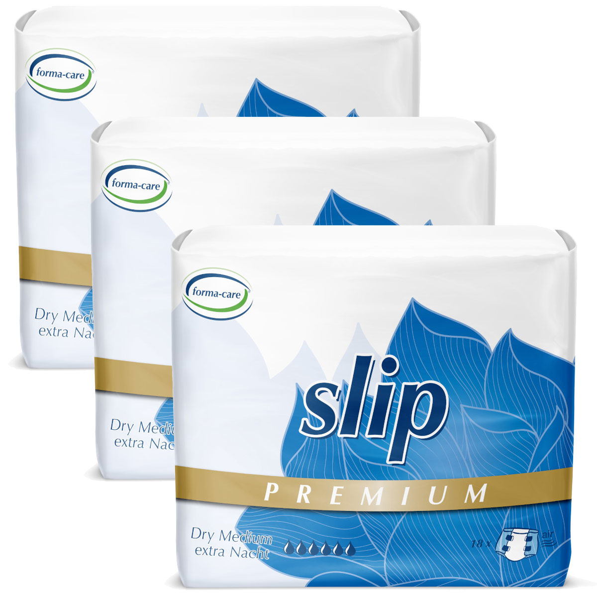 Drei Packungen Inkontinenzslips sind übereinander gestapelt. Jede Packung zeigt das Produktdesign mit dem Schriftzug -slip PREMIUM-, der Aufschrift -Dry Medium extra Nacht- und einem stilisierten Blattmuster.