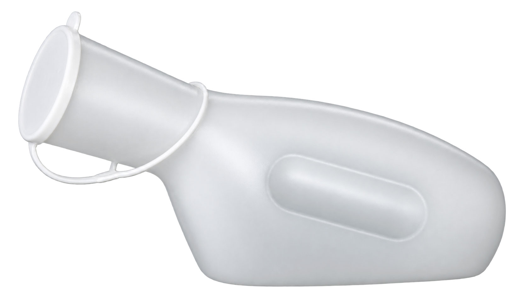 Ein urinalähnliches Behältnis aus transparentem, leichtem Kunststoff. Es hat eine ergonomische Form mit einem Griff und einem abnehmbaren Deckel. Der Hintergrund ist schlicht und neutral.