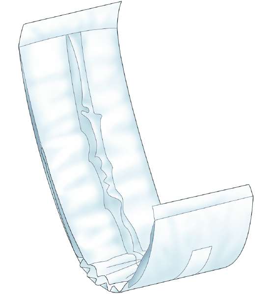 Ein offenes Windelprodukt ist abgebildet. Die Windel hat eine flexible, weiche Textur mit Falten und ist größtenteils weiß und transparent. Der Hintergrund ist leer.