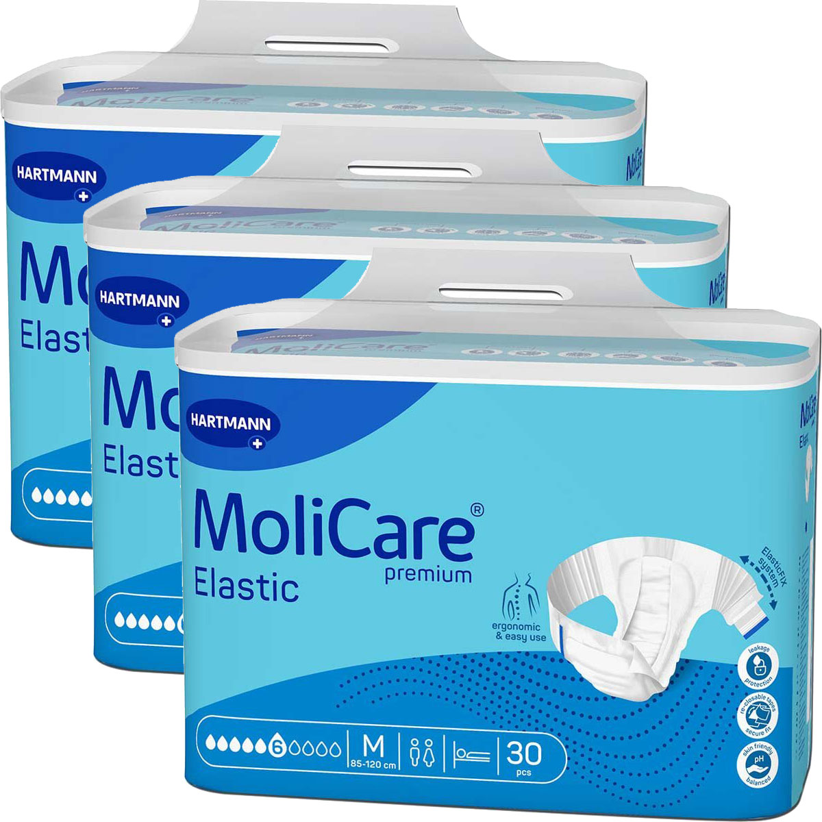 Drei Verpackungen von MoliCare® Elastic, Premium-Produkt von Hartmann, mit blauem Design. Jede Box enthält 30 elastische Inkontinenzprodukte für Erwachsene in Größe M. Ergonomisch und einfach zu verwenden.