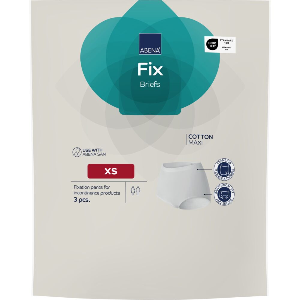 Fixationshorts in der Größe XS, verpackt in weißer Folie. Die Shorts sind für Inkontinenzprodukte konzipiert und bestehen aus Baumwolle. Enthalten sind drei Stück.