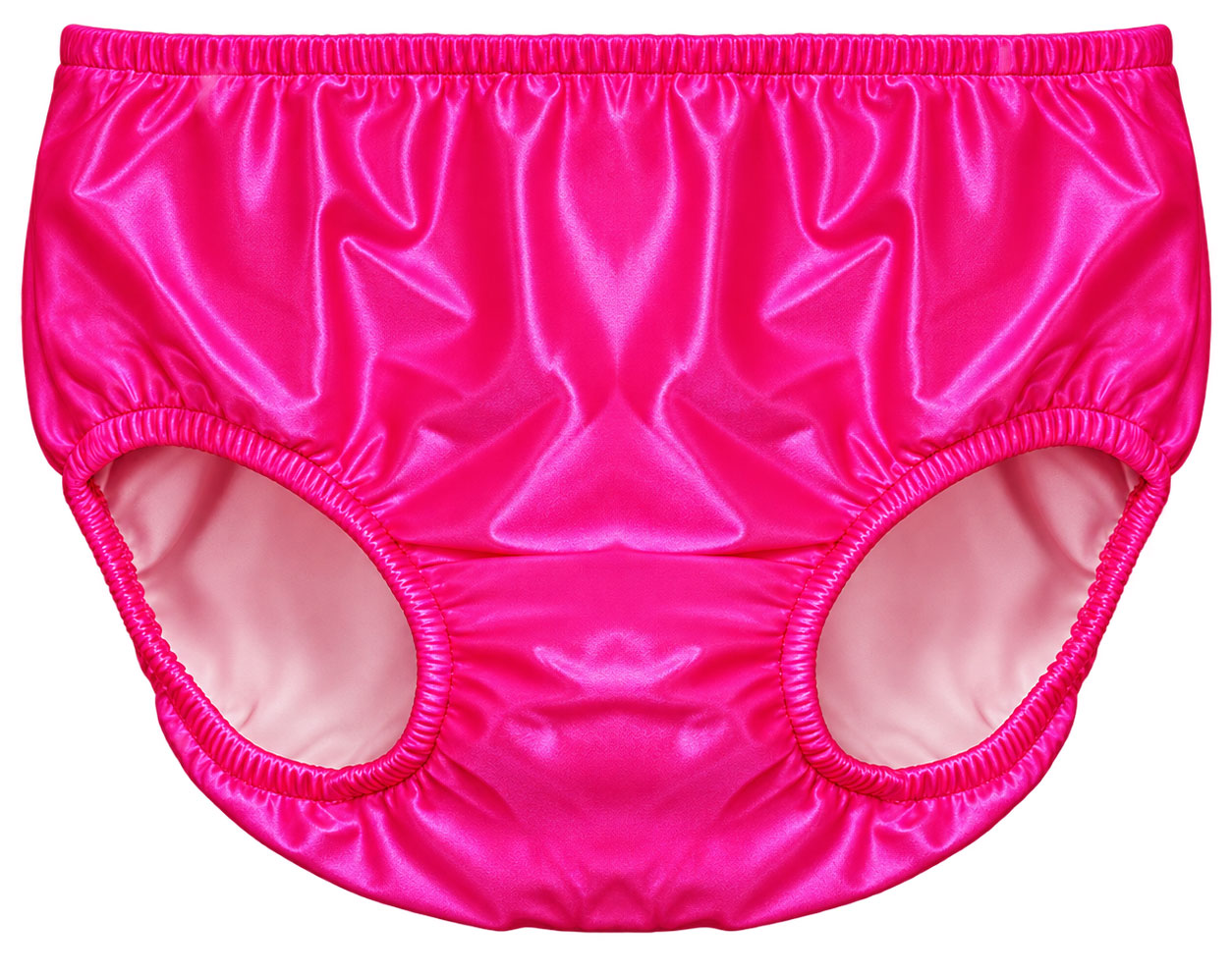Eine leuchtend pinkfarbene, glänzende Unterhose mit elastischen Bündchen um die Beine und die Taille, geeignet für den Gebrauch bei Inkontinenz. Der Hintergrund ist schlicht.