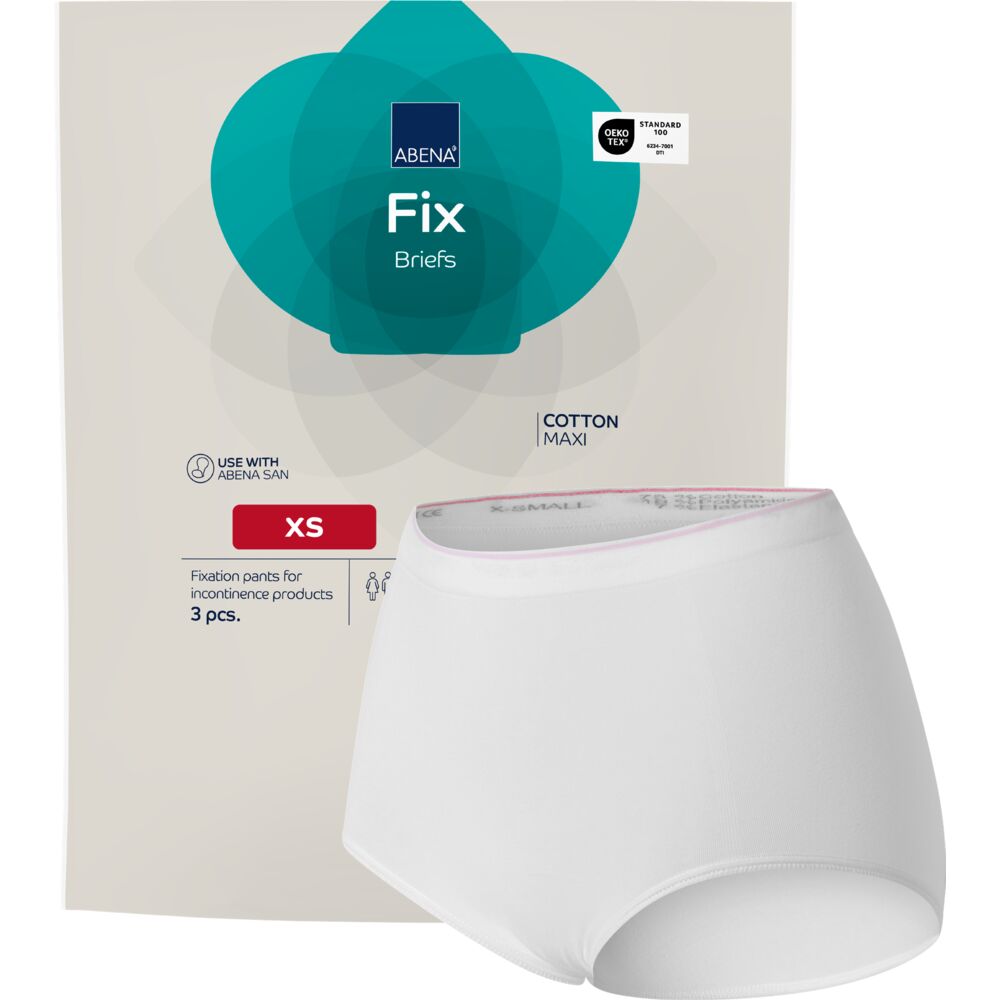 Weiße Fixierunterhosen in Größe XS, präsentiert vor einer Verpackung. Die Verpackung ist beige mit einem großen, turkisen Logo und Informationen zu Nutzung und Inhalt: 3 Stück, für Inkontinenzprodukte geeignet.