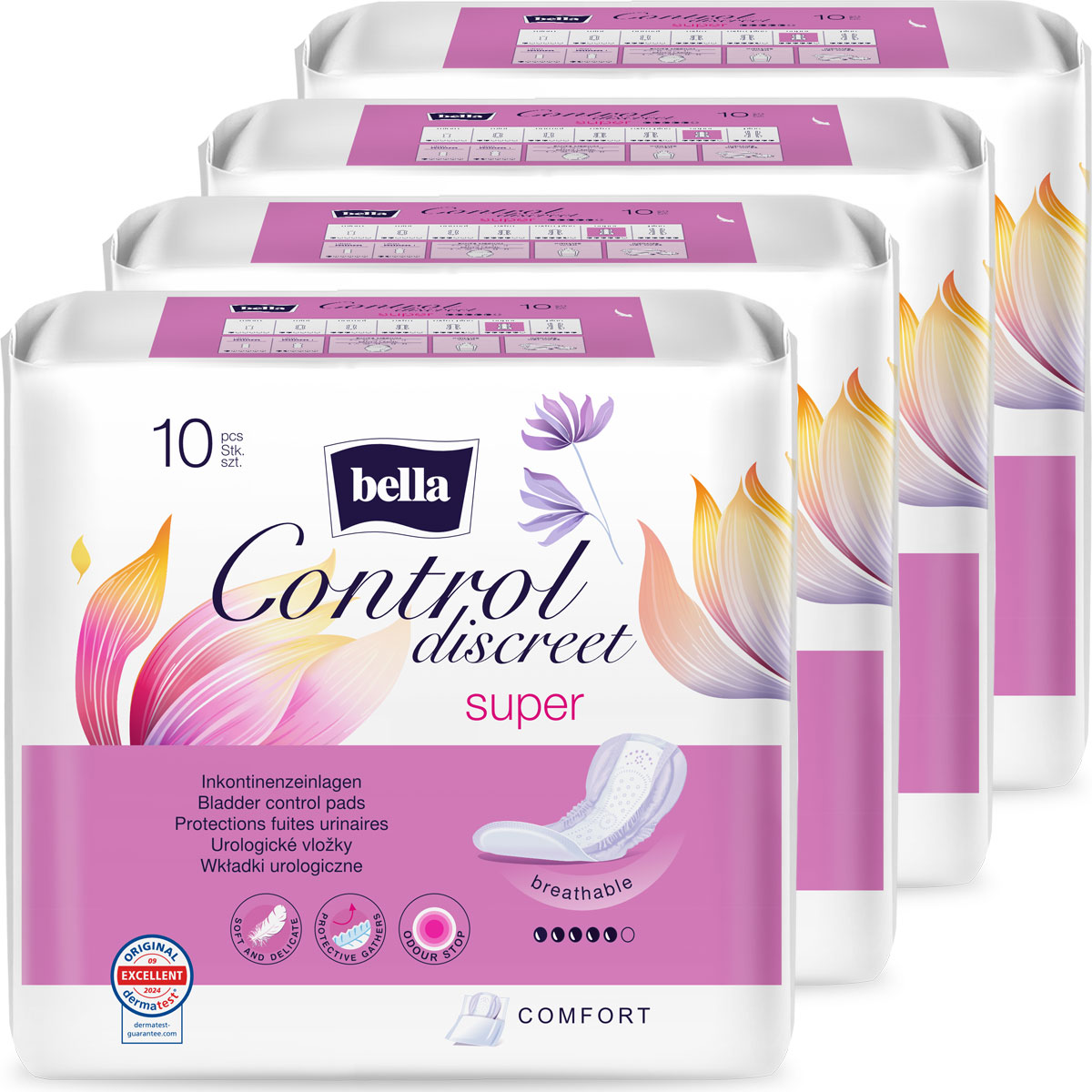 Vier Packungen von Inkontinenzeinlagen mit der Bezeichnung -bella Control discreet super-. Jede Packung enthält zehn Stück, hervorgehoben sind die Eigenschaften -breathable- und -komfortabel-. Pinke und lilafarbene Akzente zieren das Design.