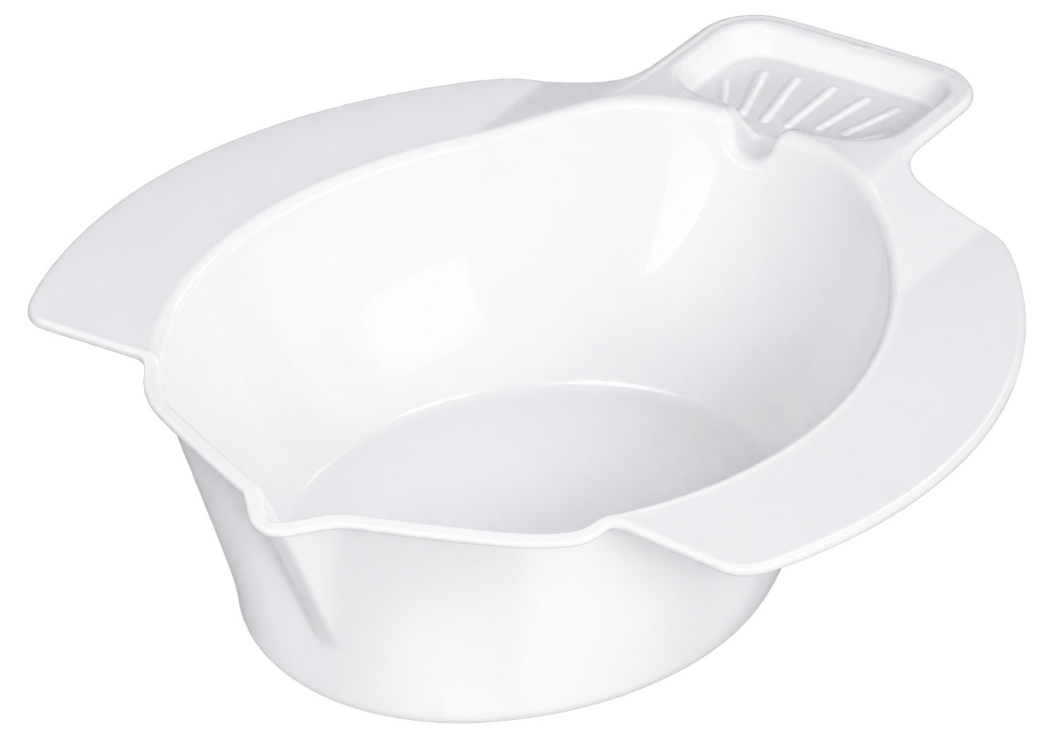Eine weiße Toilettenschüssel mit einem seitlichen Griff und einem Sieb. Sie hat eine ovale Form und ist für den Einsatz im Gesundheitsbereich konzipiert. Der Hintergrund ist neutral.