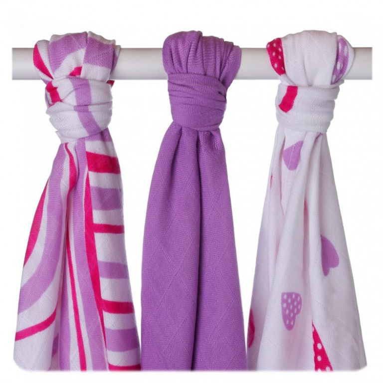 Mullwindel Bambus/BW 70x70 cm Hearts lilac 3er Pack