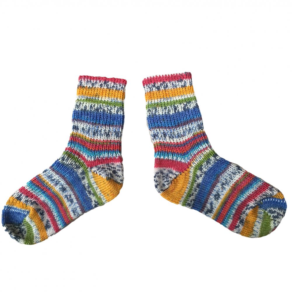 Kindersocke wie handgestrickt kornblau rot