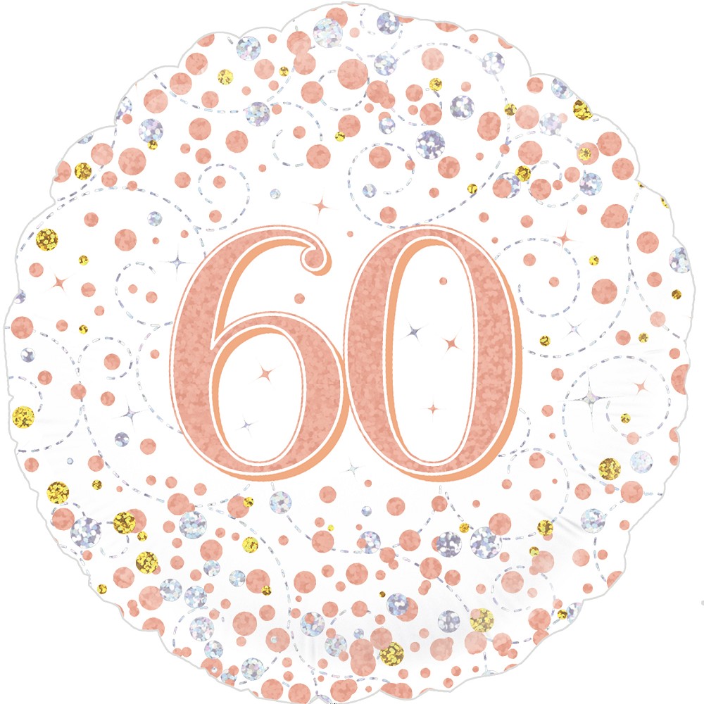 18" Birthday "60" White & Rose Gold Holographic