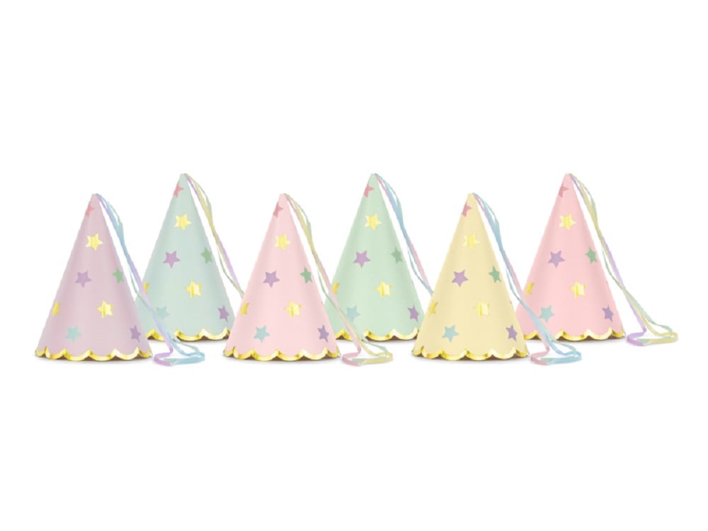 Partyhüte - Goldene Sterne - Pastellfarben - Mix - 14,5 cm -