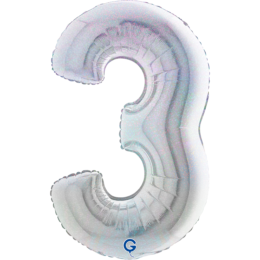 40" Folienzahl "3" Glitter Holographic Silver