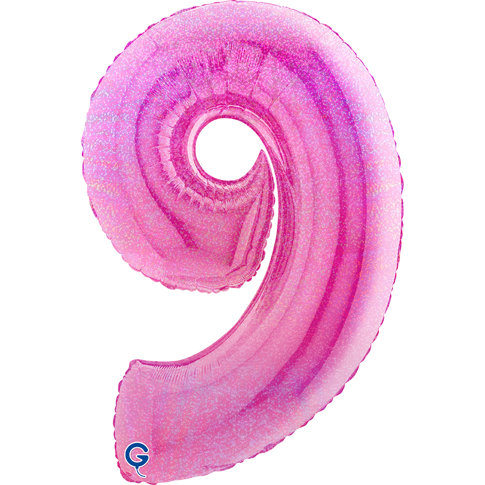 40" Foilballoon Number "9" Glitter Holographic Fuxia
