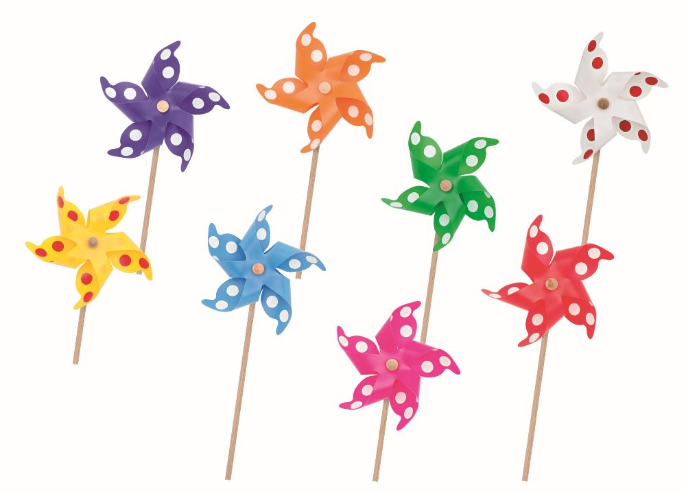 Windrad mit Punkten farbl. sortiert (Holzstab 32 cm)