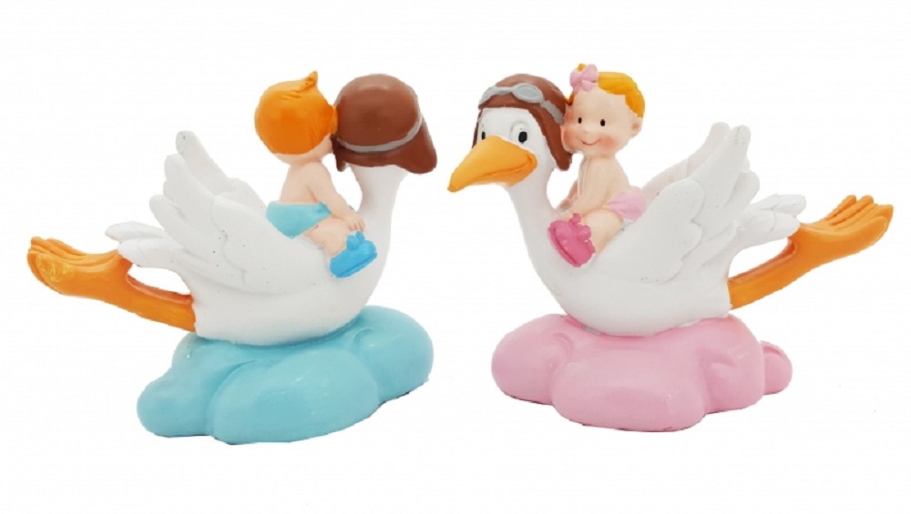 Storchenpilot mit Baby - 10cm boy/girl sortiert (Polyresin)
