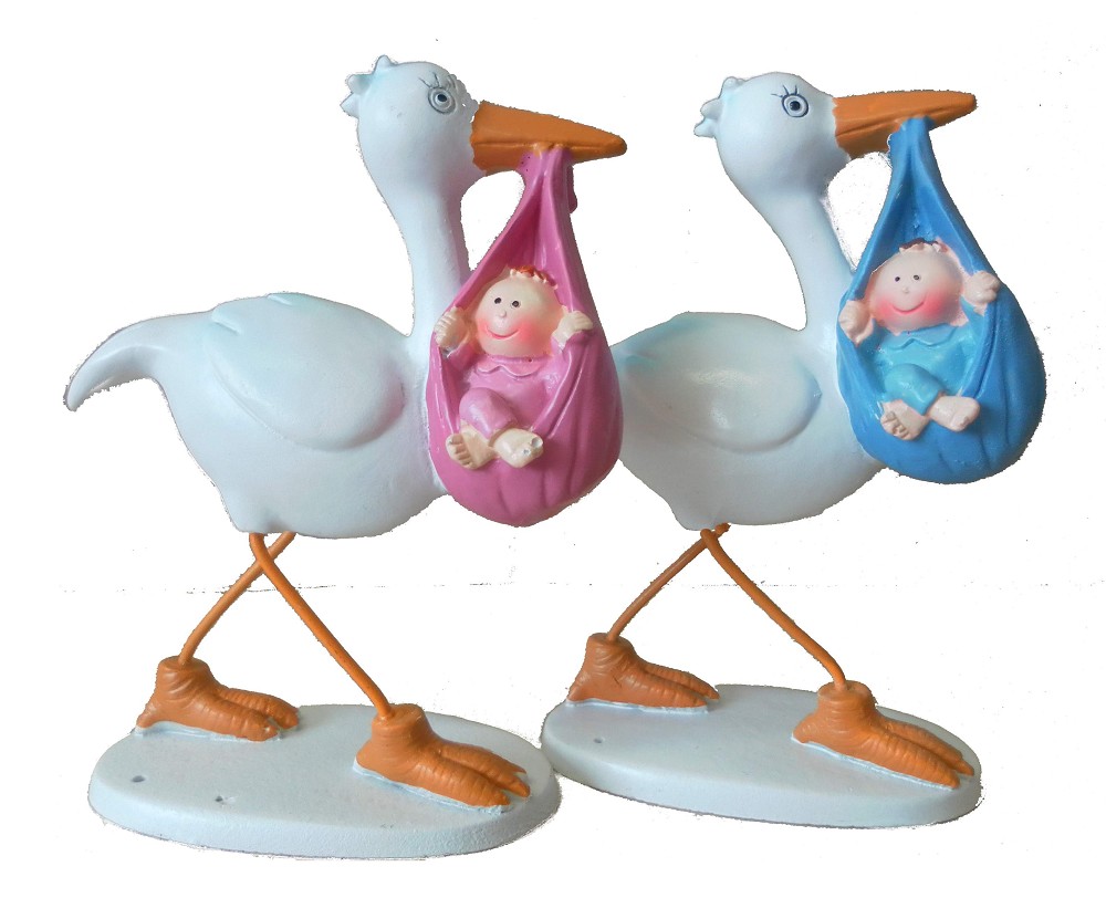 Storch mit Baby im Beutel boy/girl sortiert (Polyresin)