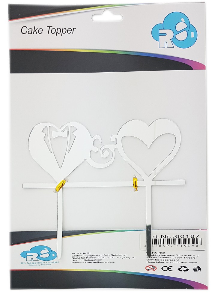 Caketopper 2 Herzen Bräutigam & Braut silber