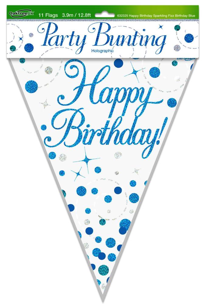 Wimpelkette H.B. "Happy Birthday" White & Blue Holographic