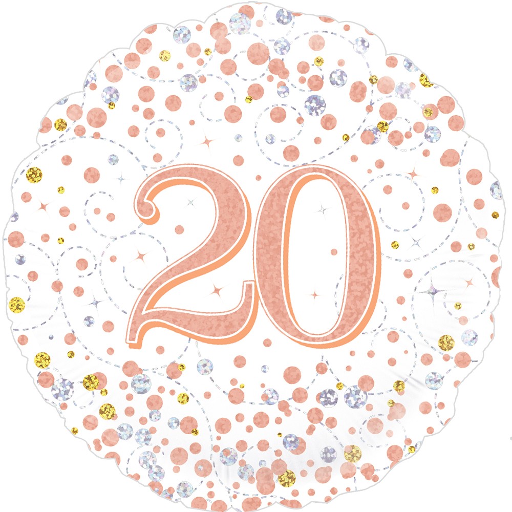 18" Birthday "20" White & Rose Gold Holographic