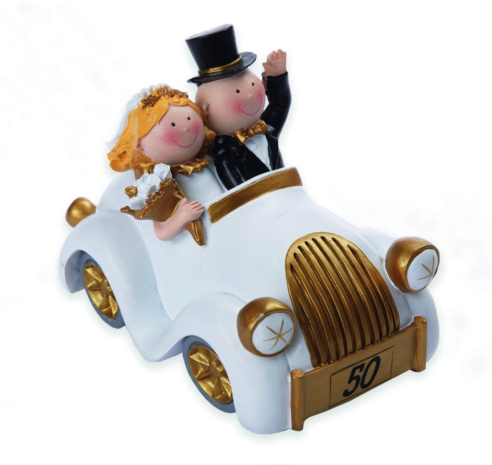 Polyresinfigur Hochzeitspaar im Auto gold
