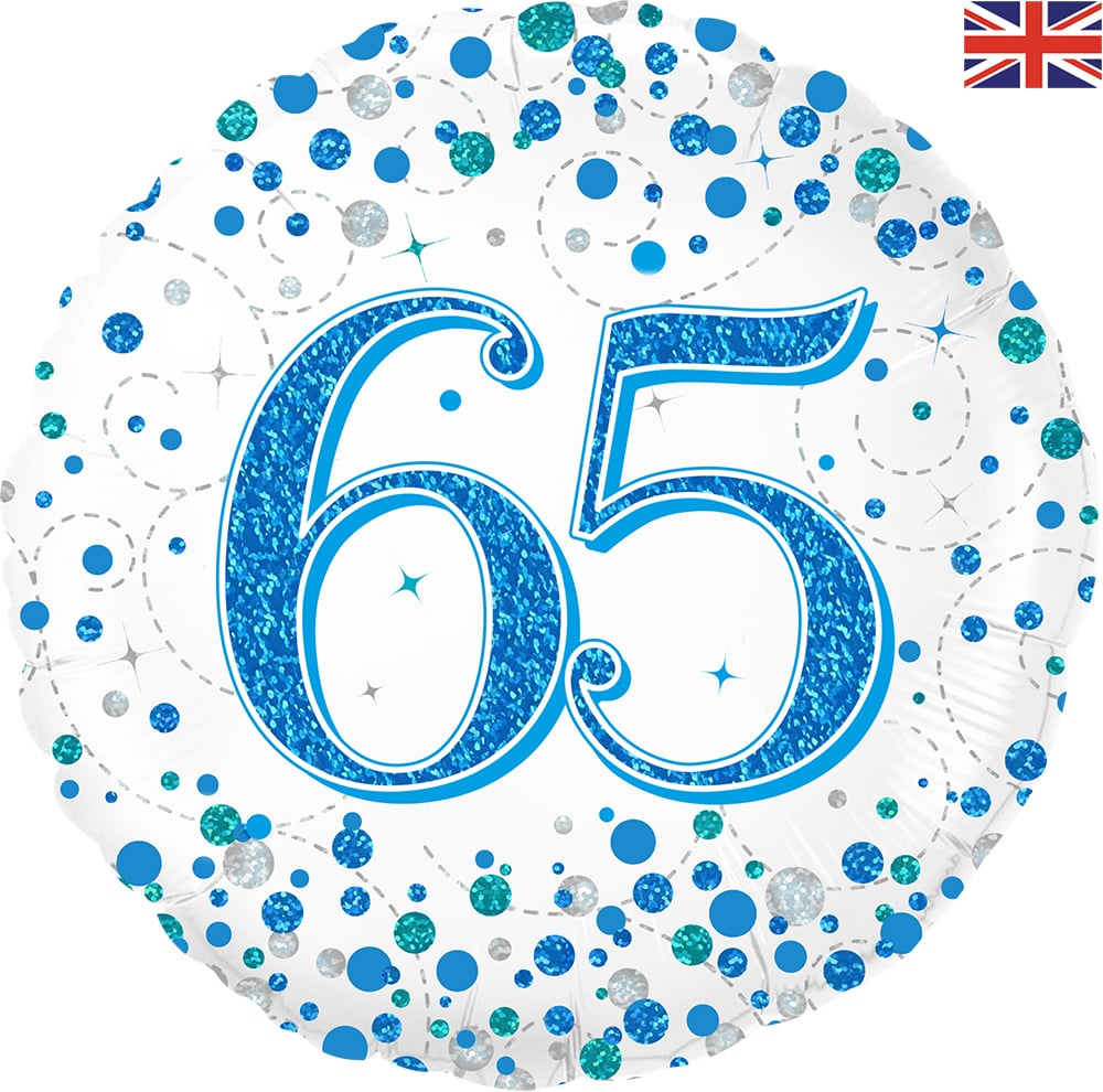 18" Birthday "65" White & Blue Holographic