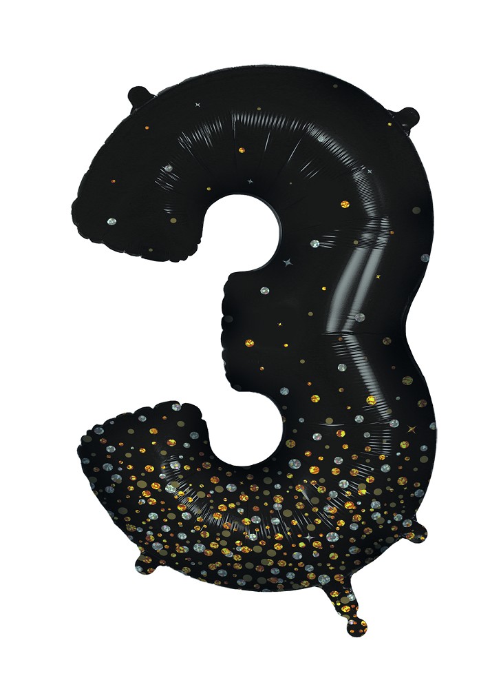34" Folienzahl "3" Sparkling Fizz Holographic Black