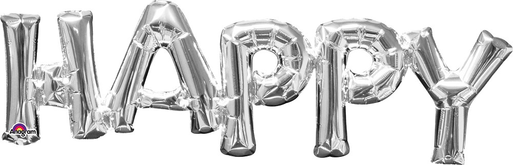 30" Schriftzug "HAPPY" silber (mit Ventil, für Luftfüllung)