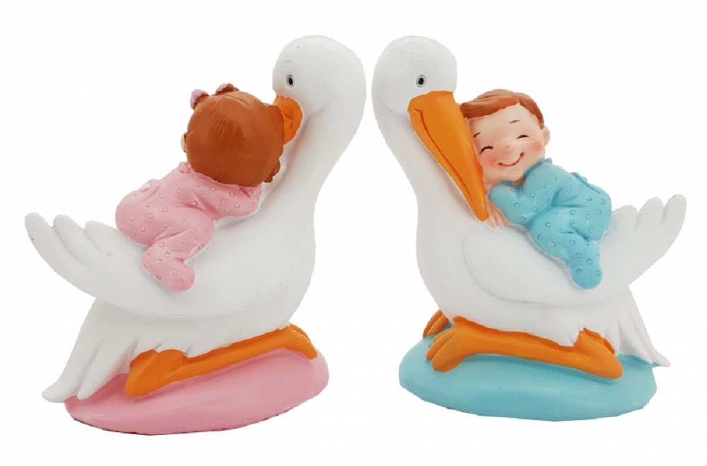 Storch mit Baby boy/girl sortiert (Polyresin)