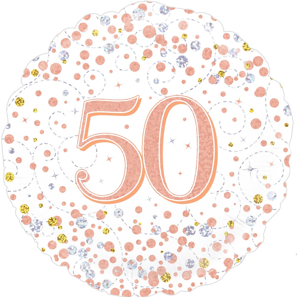 18" Birthday "50" White & Rose Gold Holographic