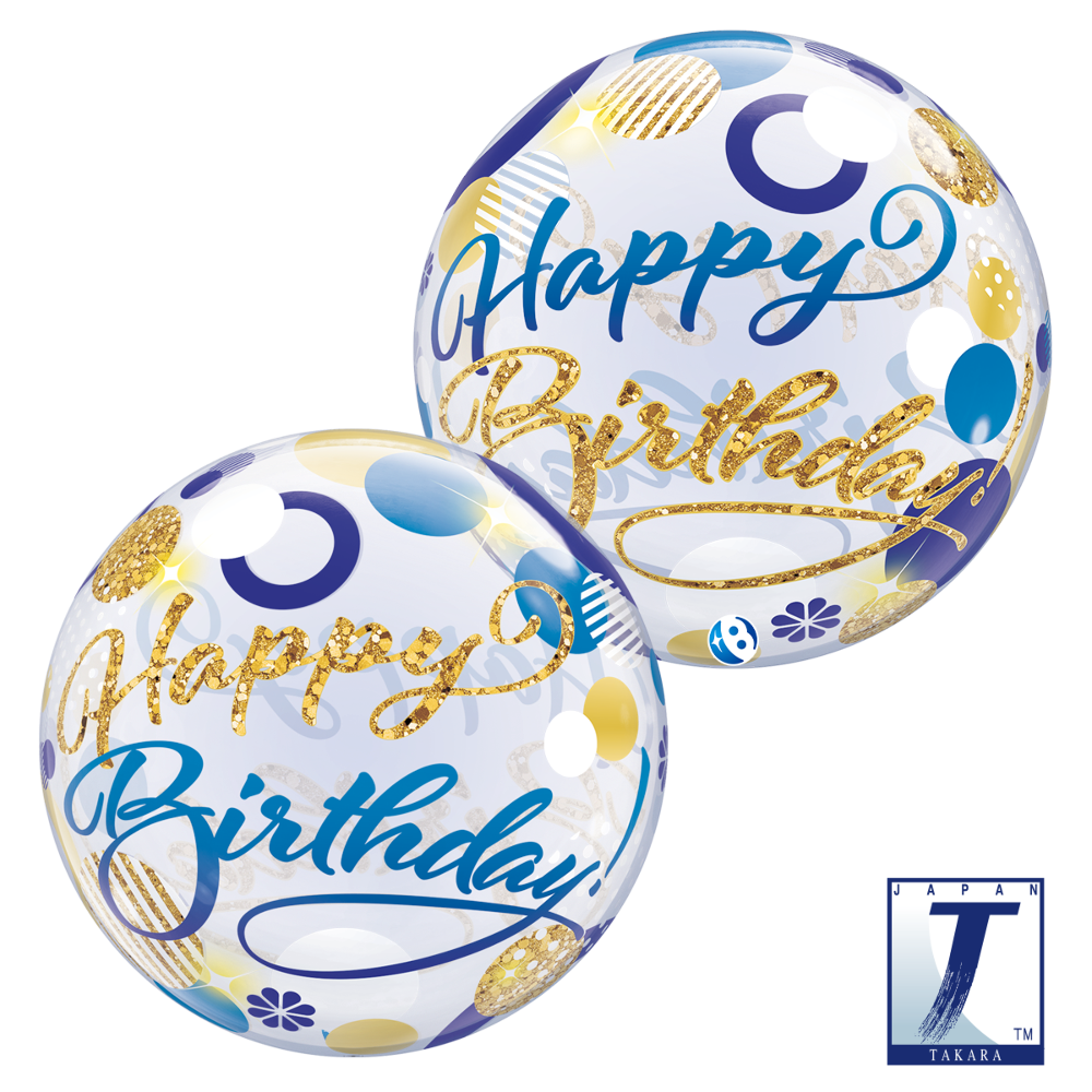 22" Single Bubble Birthday Blue & Gold Dots