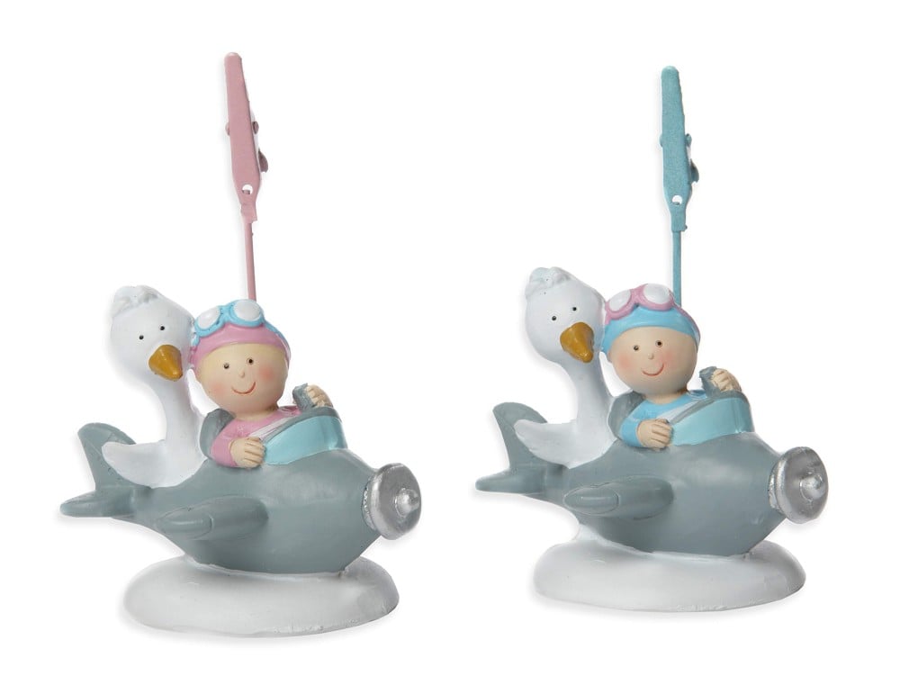 Polyresinfigur Storch mit Baby im Flugzeug Clip