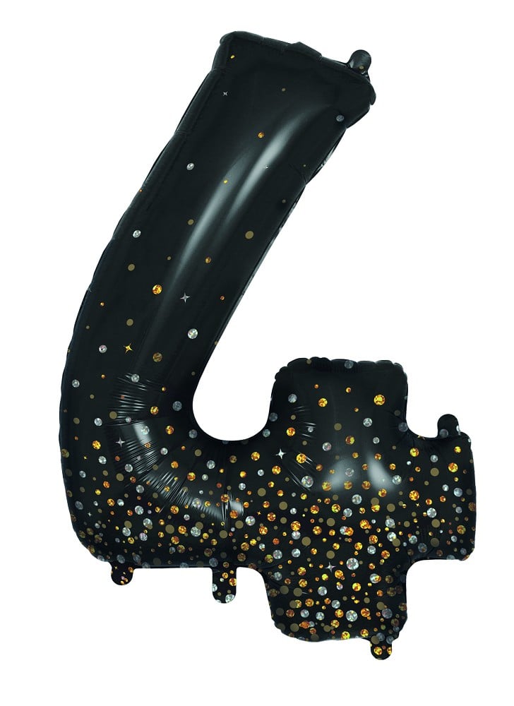 34" Folienzahl "4" Sparkling Fizz Holographic Black