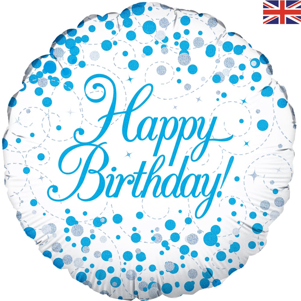 18" Happy Birthday White & Blue Holographic