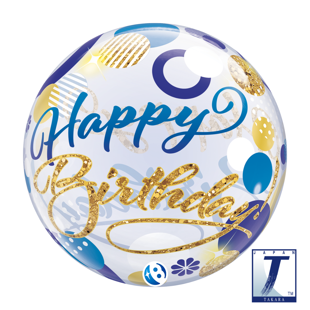 22" Single Bubble Birthday Blue & Gold Dots