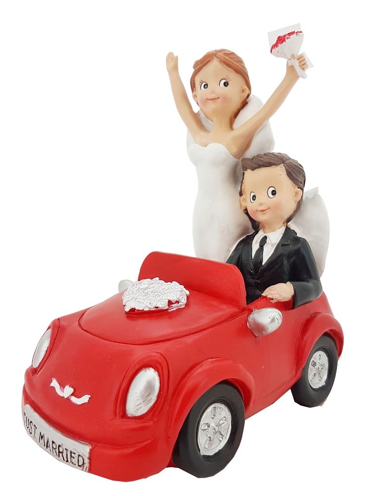Polyresinfigur jubelndes Hochzeitspaar im Auto
