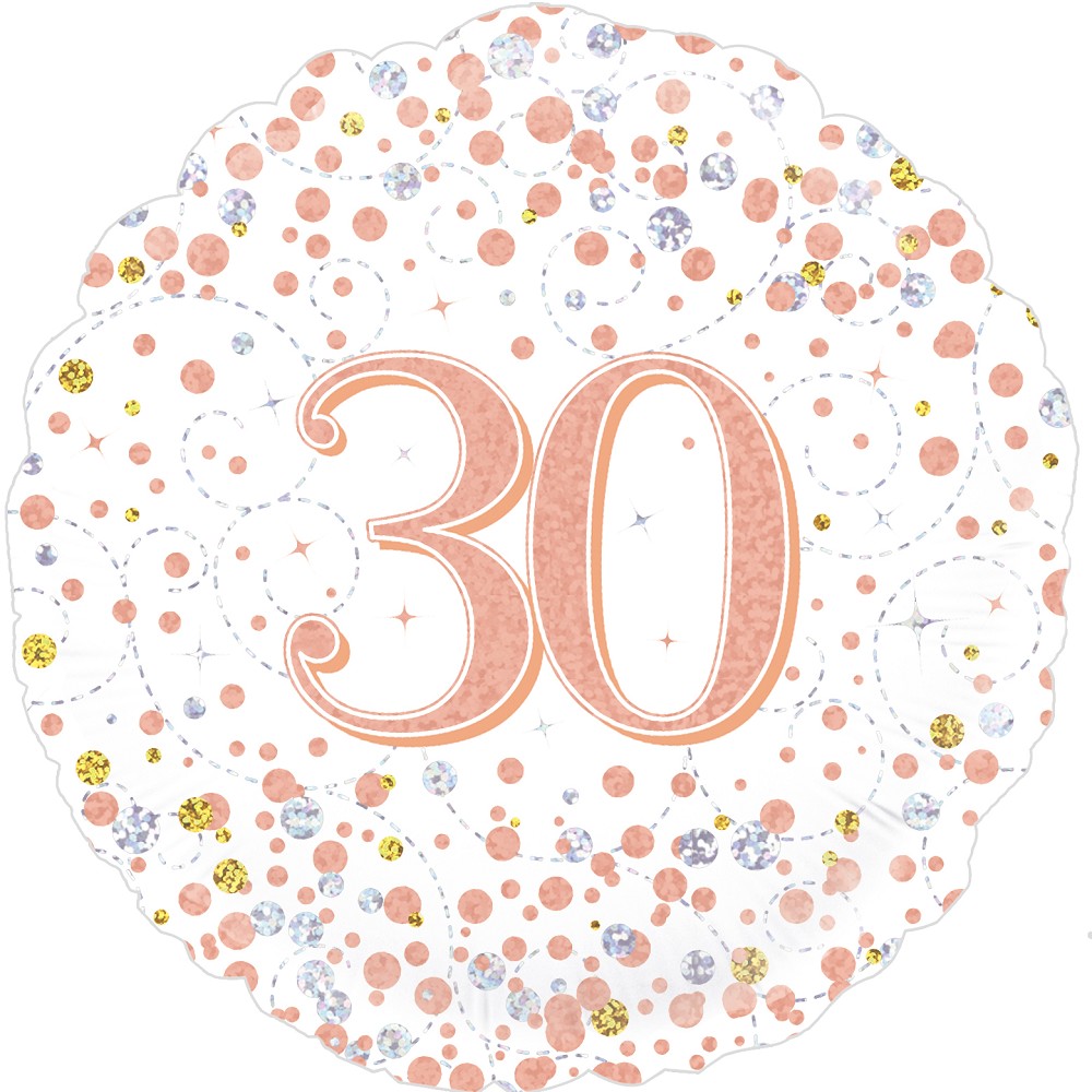 18" Birthday "30" White & Rose Gold Holographic