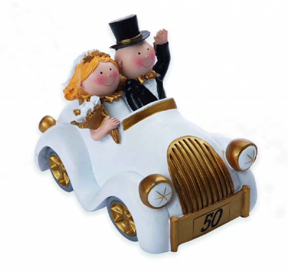 Brautpaar Goldhochzeit klein - weißes Auto 15 cm (Polyresin)