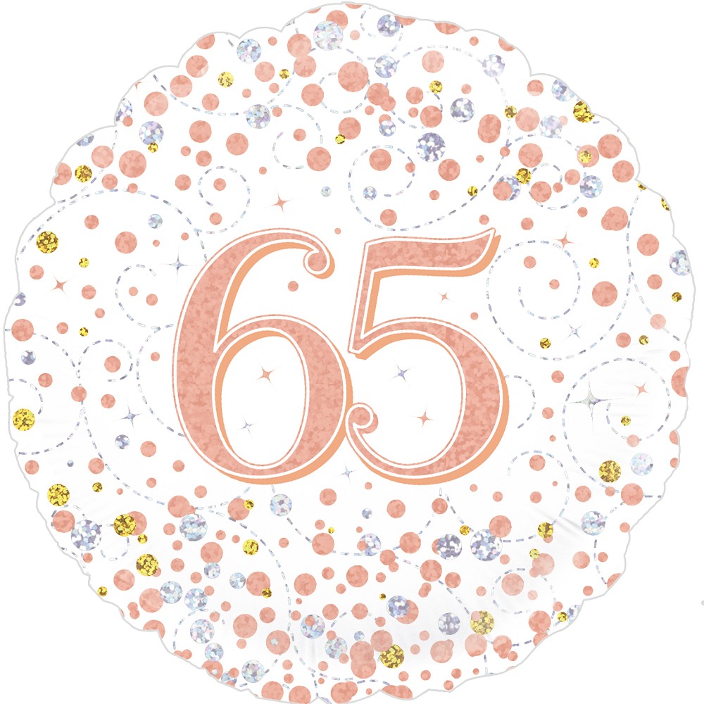 18" Birthday "65" White & Rose Gold Holographic