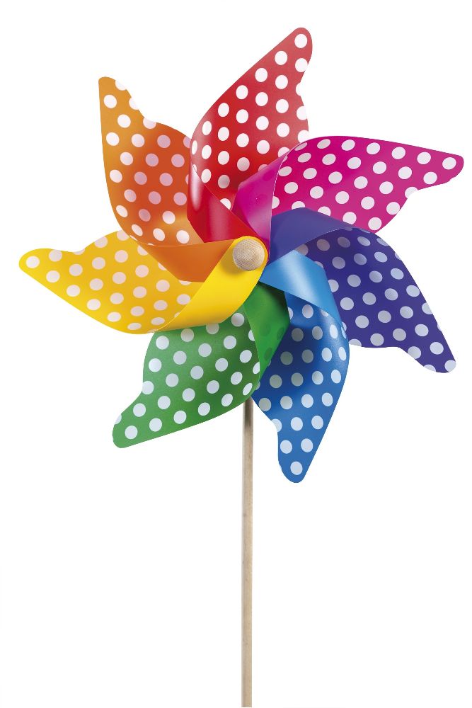 Windrad Regenbogen mit Punkten XL (Holzstab 90 cm)