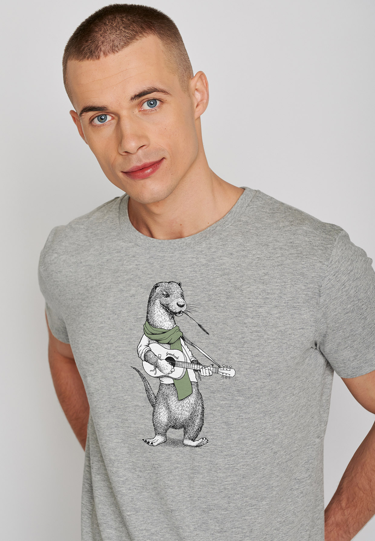 Print T-Shirt Animal Otter Guitar Guide Heather Grey