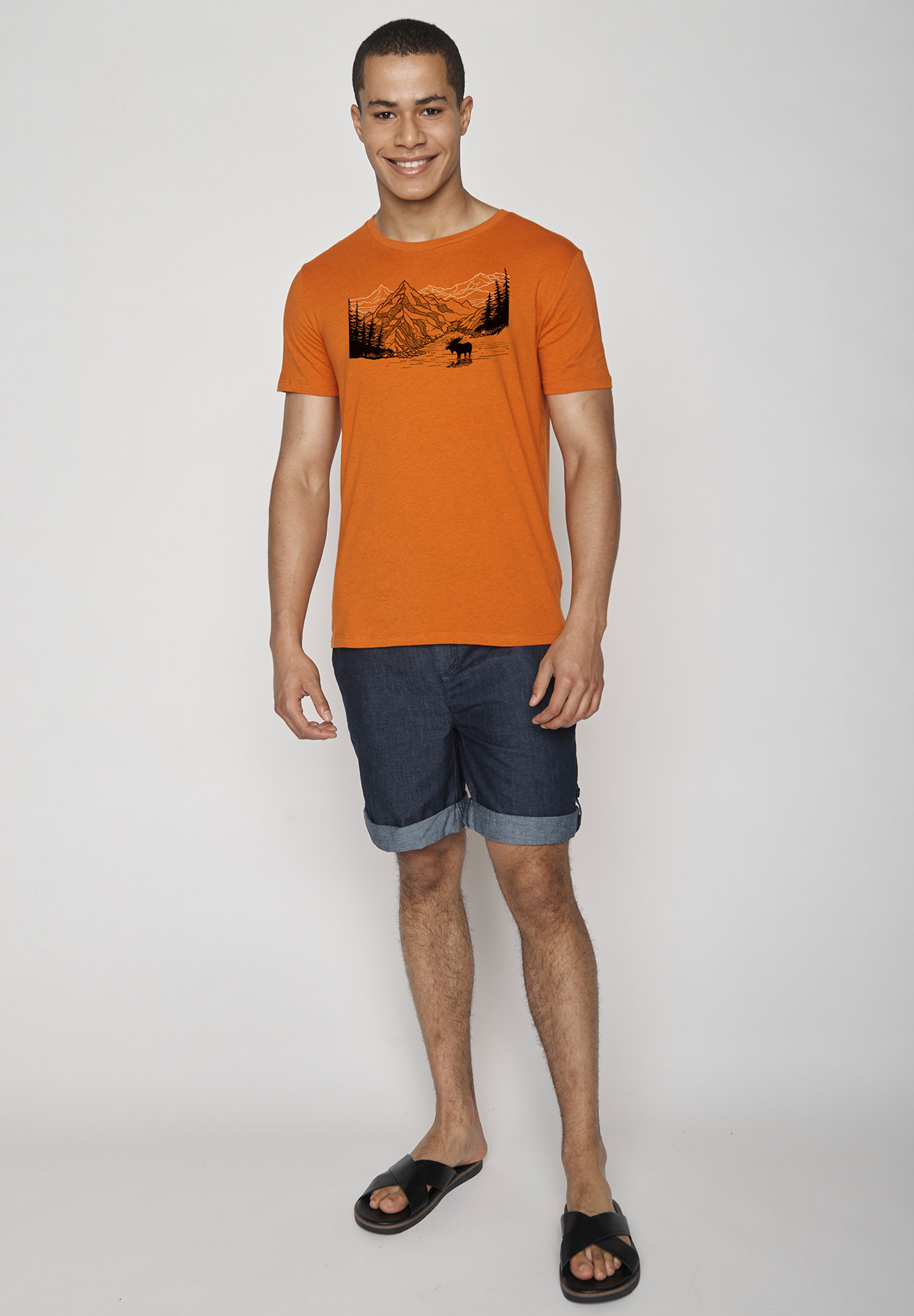 Print T-Shirt Nature Moose Mountain Guide Black Heather Orange