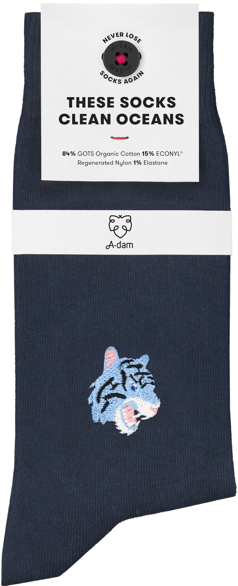 Dunkelblaue Socken TIMME mit Tiger-Stickerei