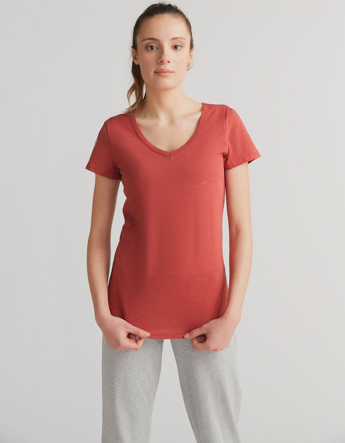 Basic Flammé V-Neck Shirt terracotta