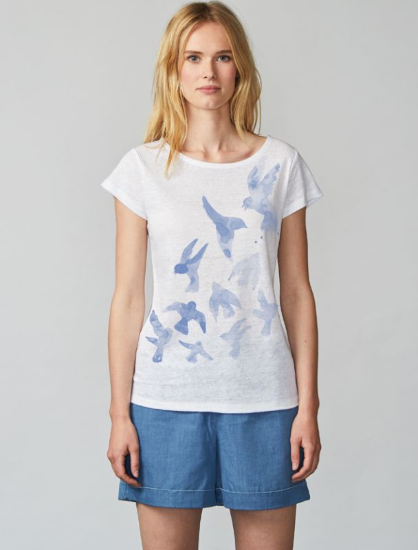 Kurzes Leinen-Shirt Aqua Birds in Linen White