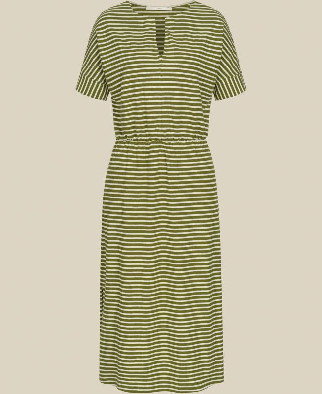 Gestreiftes Sommer-Kleid mit Hanf in olive/off white