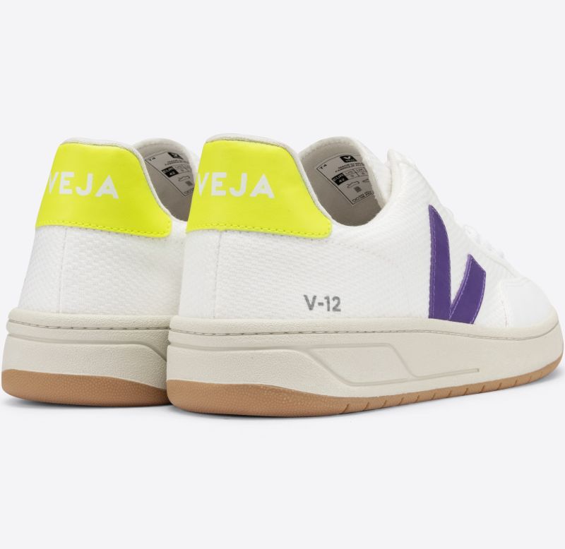 Vegane Herren-Sneaker V-12 B-Mesh White/Purple/Jaune Fluo