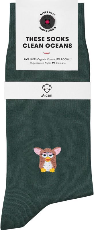 Grüne Socken mit Furby-Stickerei