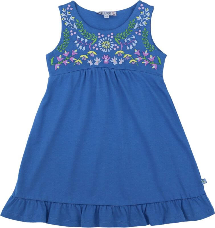 Blaues Jersey-Kleid mit Stickerei