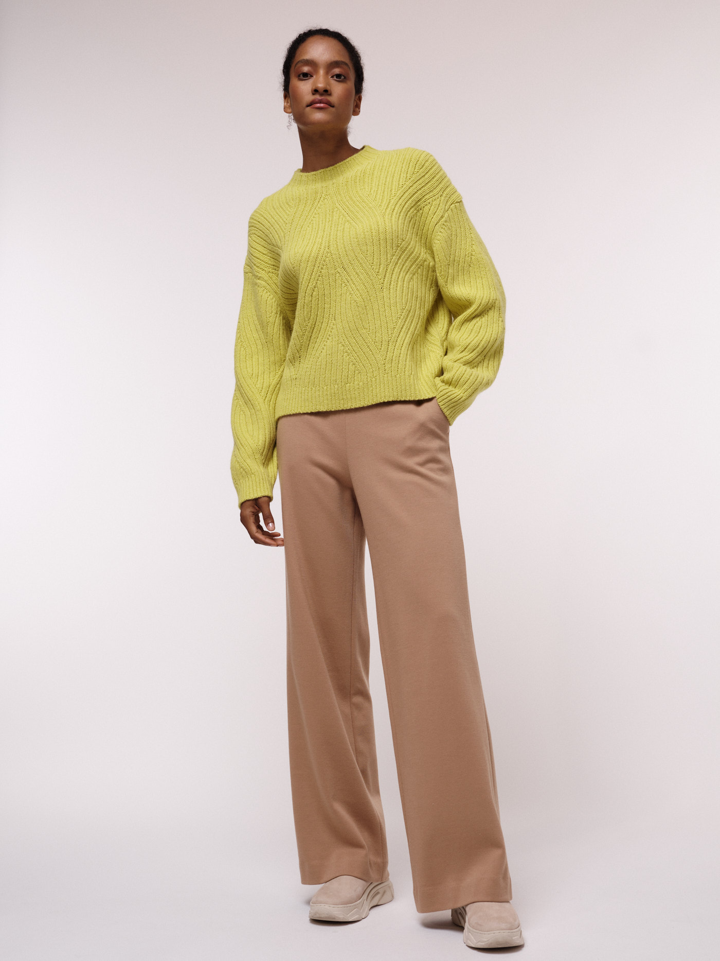 Damen-Pullover mit Rippenzopfmuster neon yellow