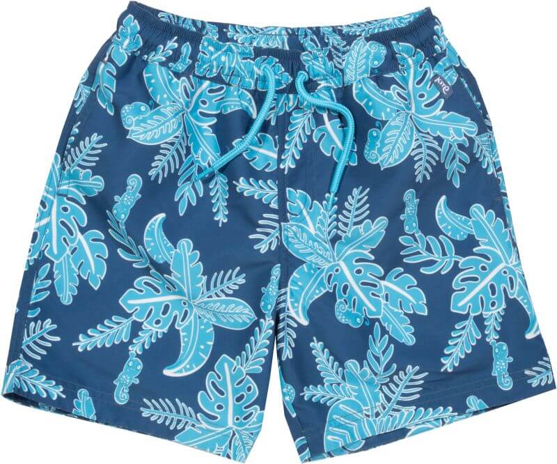 Blaue Bade-Shorts für Jungs mit Blätter-Print
