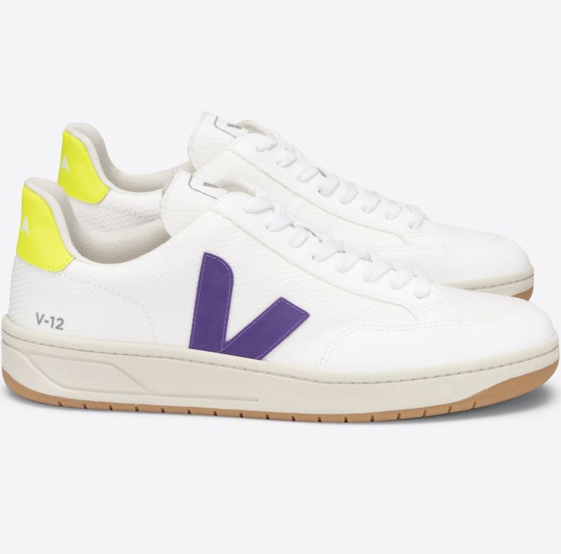 Vegane Herren-Sneaker V-12 B-Mesh White/Purple/Jaune Fluo